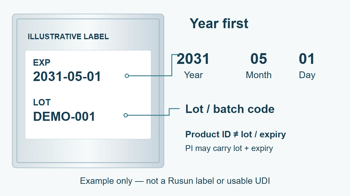 Illustrative generic device label with expiry 2031-05-01, example lot DEMO-001 and year-month-day reading order